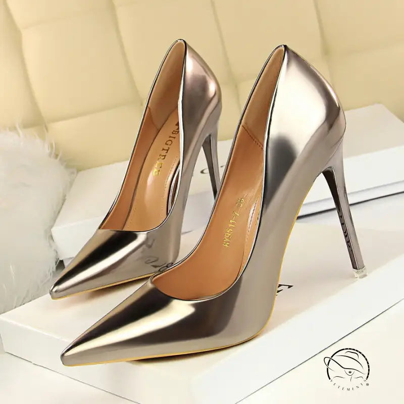 Pair of shiny pointed-toe langry fashion metal high heels