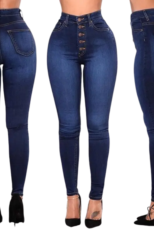 High-waisted skinny denim blue casual jeans with waist stretch slim fit