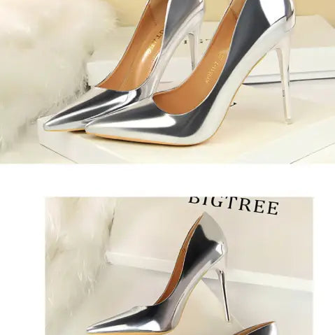 Elegant silver stiletto heels in fashionable metal high heels style