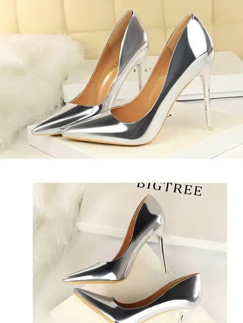 Elegant silver stiletto heels in fashionable metal high heels style