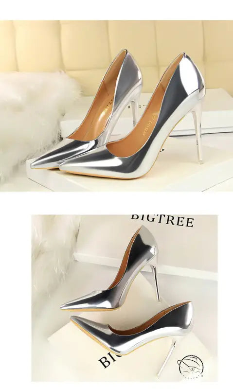 Elegant silver stiletto heels in fashionable metal high heels style