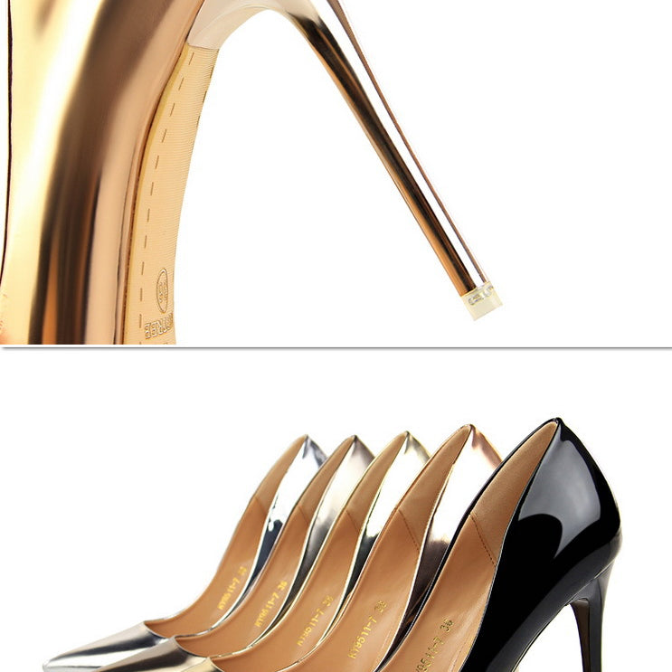 Shiny stiletto heels in various colors from Langry’s Fashionable Metal High Heels collection