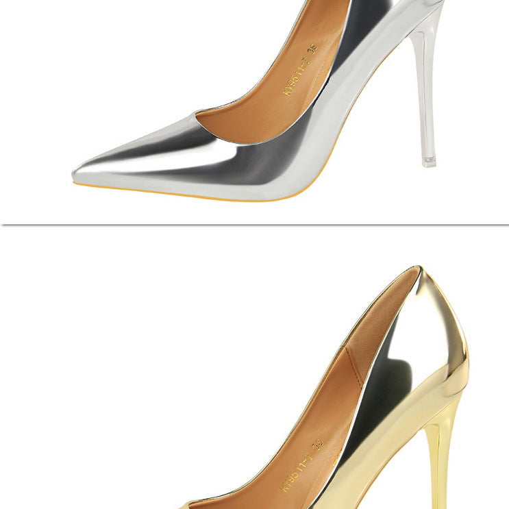 Two shiny pointed-toe stiletto heels from the Langry Fashionable Metal High Heels collection