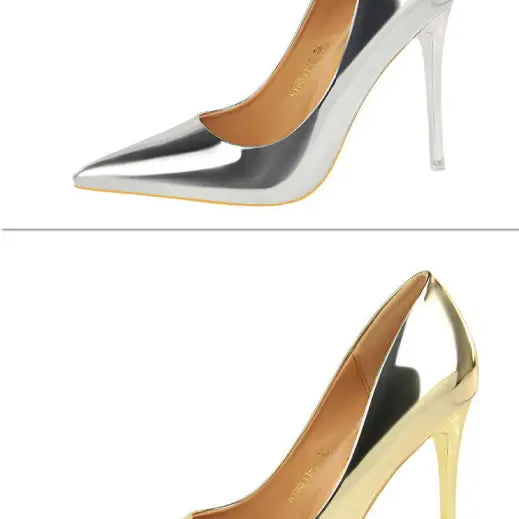 Two shiny pointed-toe langry fashion metal stiletto heels