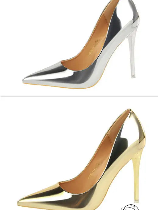 Two shiny pointed-toe langry fashion metal stiletto heels