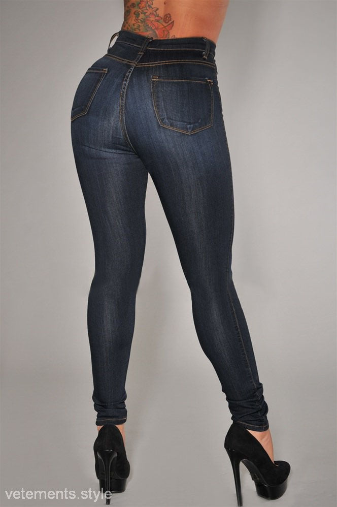 Dark wash high-waisted Skinny Denim Blue casual jeans with waist stretch slim design