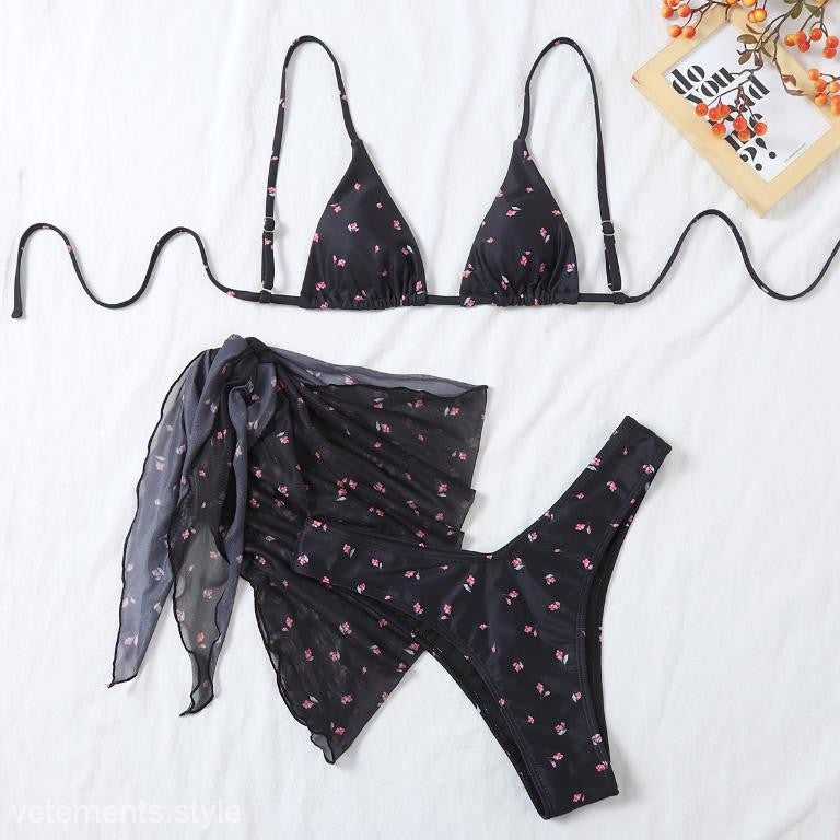 Black floral three-piece bikini set floral swimwear for stylish beachwear and swim adventures