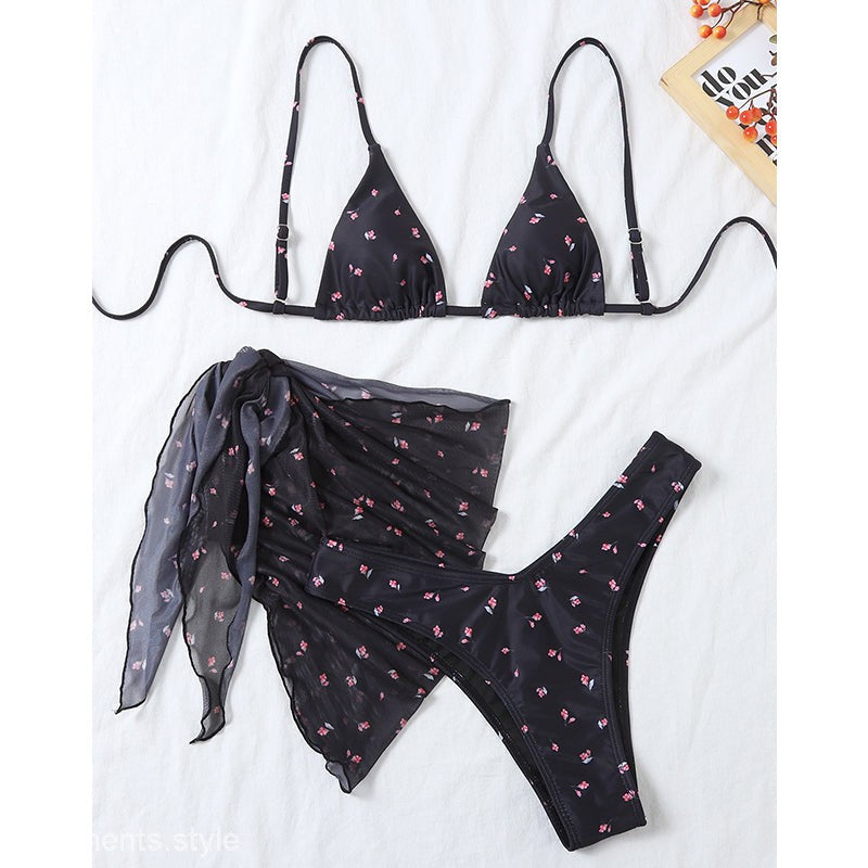 Black floral bikini set displayed in floral swimwear for stylish beachwear and swimwear fashion