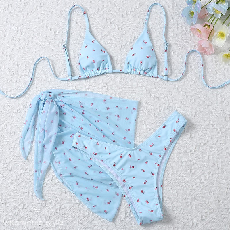 Light blue floral bikini set and sarong swimwear for stylish floral swimwear fashion