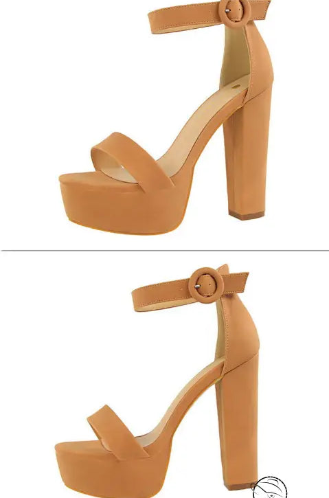 Tan platform heels in Langry fashion chunky slimming style