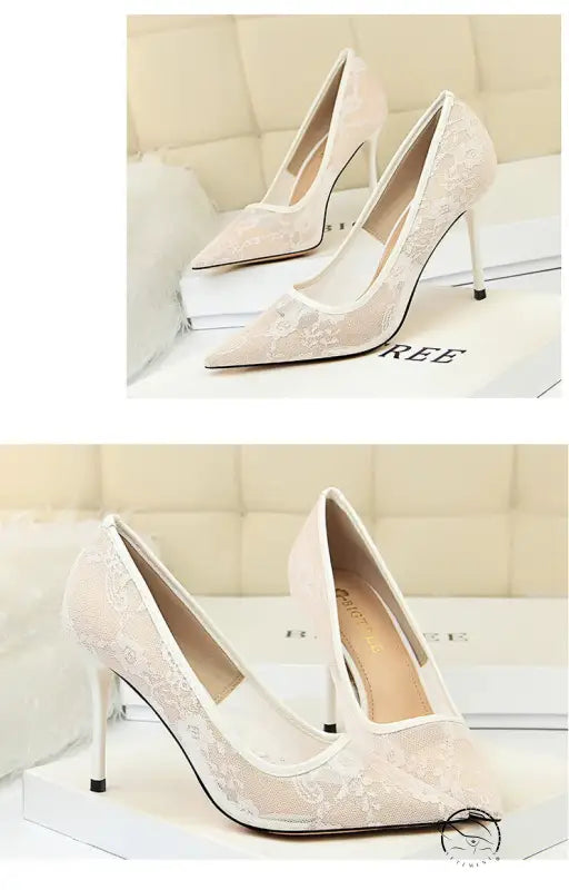 Elegant white lace stiletto heels in langry fashion