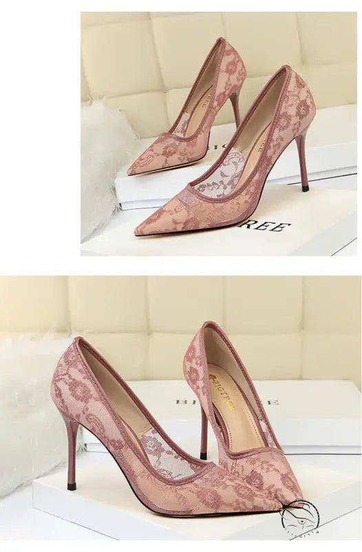 Pink lace stiletto pumps with pointed toes in Elegant Skinny High Heels fashion