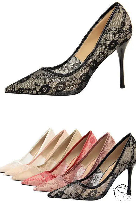Elegant langry fashion lace stiletto heels in black, pink, beige