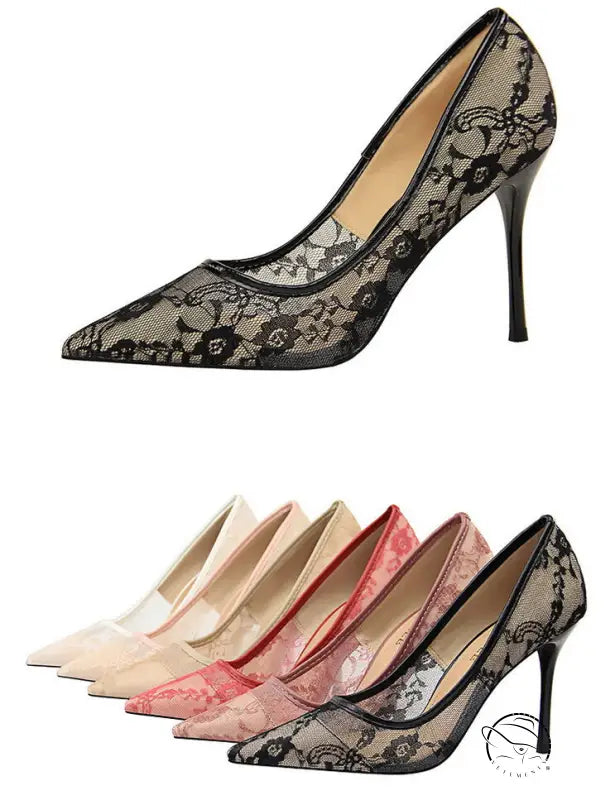 Elegant langry fashion lace stiletto heels in black, pink, beige