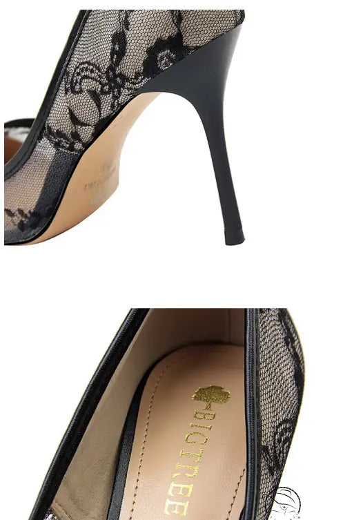 Elegant skinny high heels in black lace, patent leather with beige sole from Langry fashion