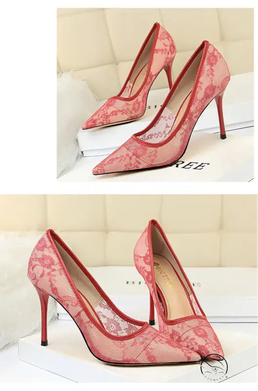 Elegant pink lace stiletto heels in langry fashion style