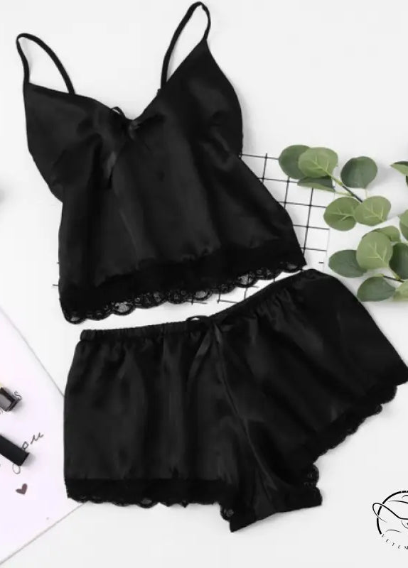 Elegant langry black satin pajamas set with lace trim