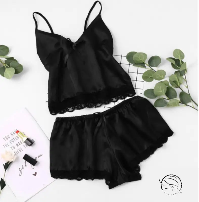 Elegant langry black satin pajamas set with lace trim
