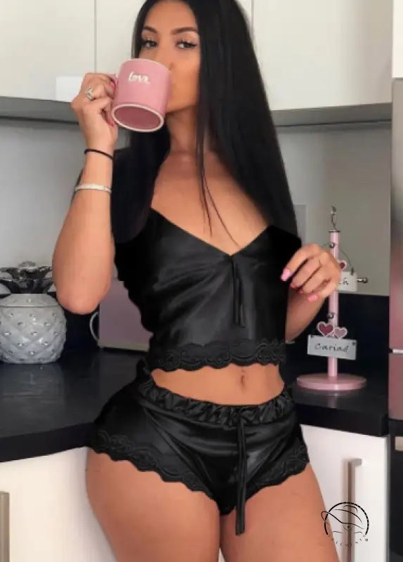 Pink love mug with elegant langry satin pajamas set