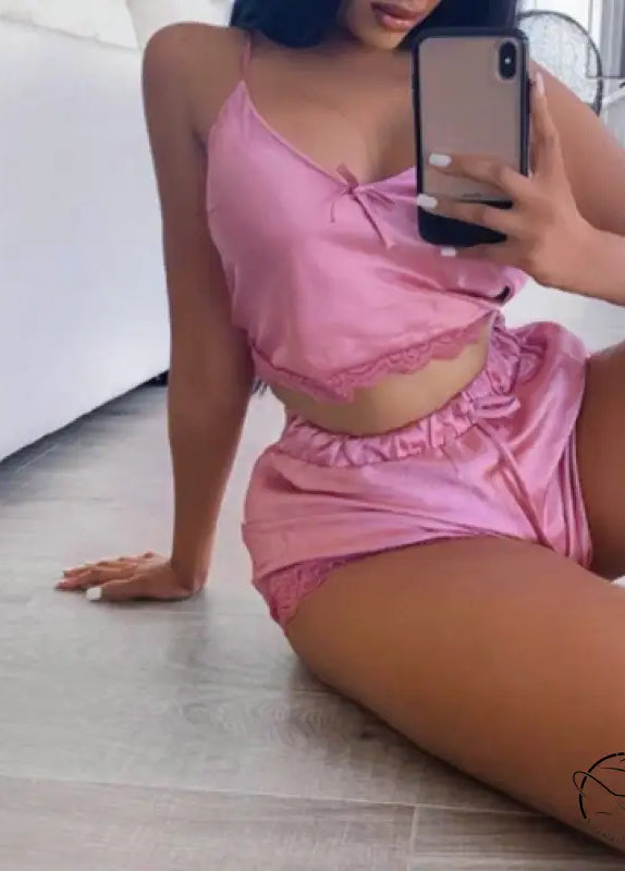 Elegant langry pink satin pajama set with lace trim