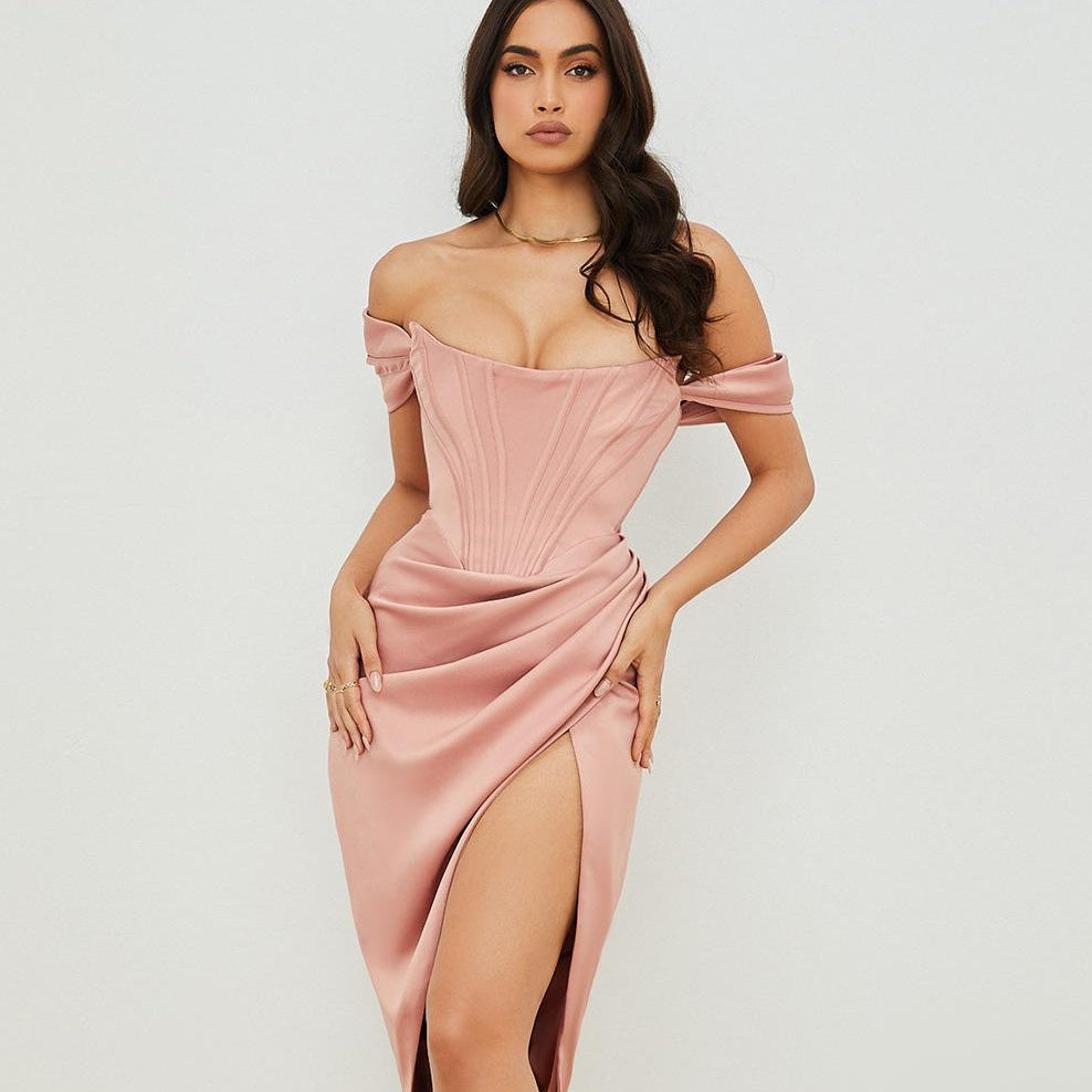 Pink off-shoulder Attracive Slim Fit Slit Dress with corset-style bodice for elegant fashion