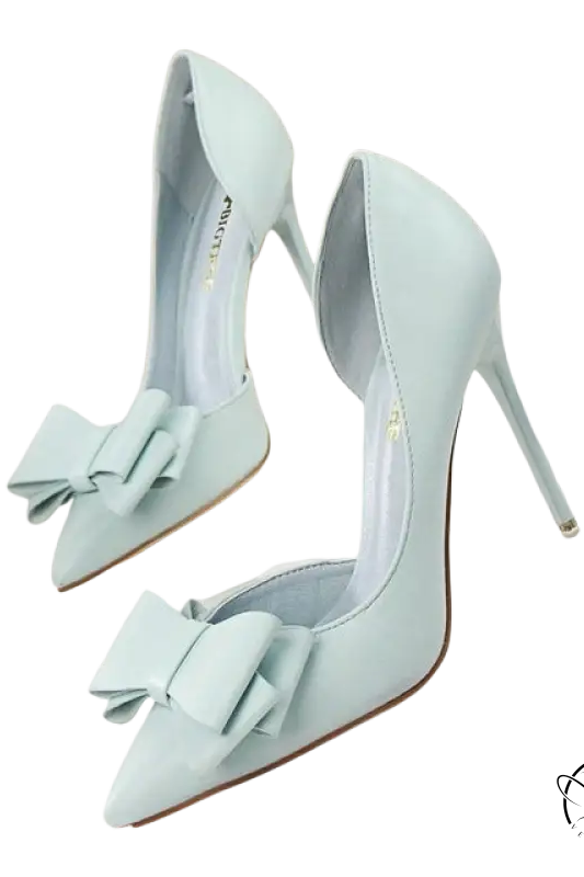 Elegant sweet high-heeled pumps in light blue satin with delicate bow