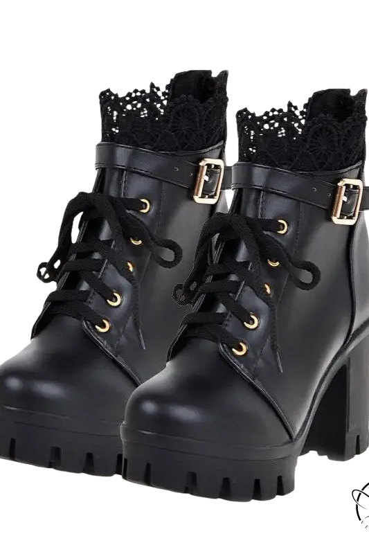 Black lace buckle boots with gold eyelets, buckles, and chunky heels