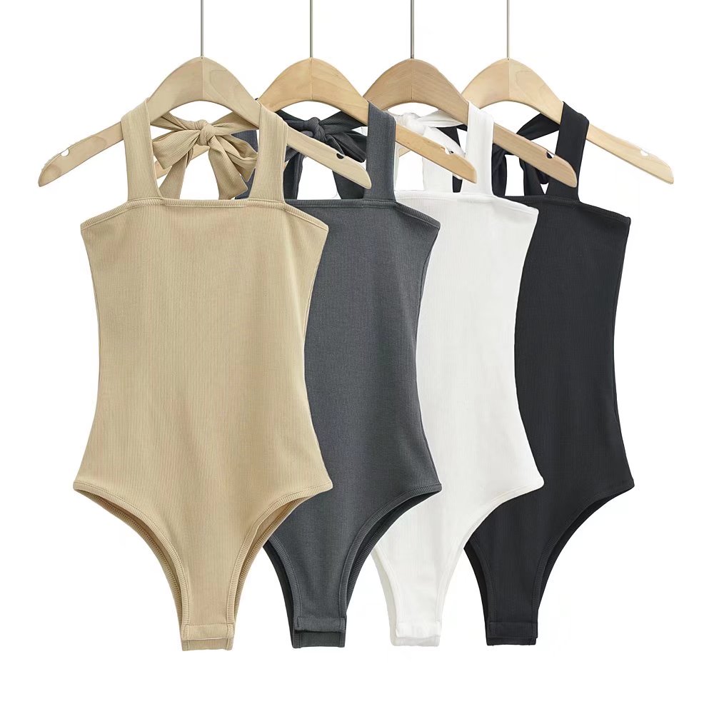 Wear Lace-up Halterneck Bodysuit Women Summer Tight Bottoming Crotch Spaghetti-strap Camisole Top