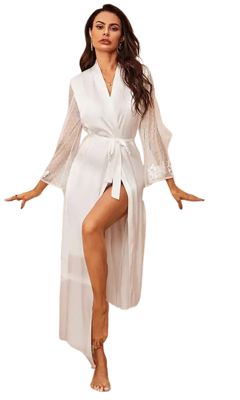 Elegant silk pajamas white satin robe with sheer lace sleeves