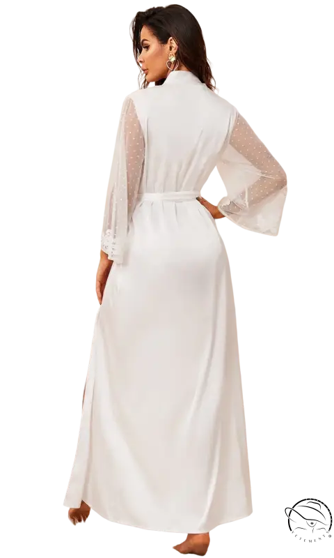 Elegant silk pajamas with white nightgown belt and sheer polka-dotted sleeves