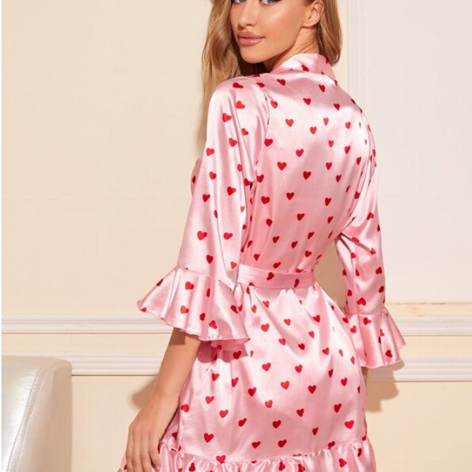 Pink heart-patterned satin robe from SUMMER HOMEWEAR featuring a stylish gown belt