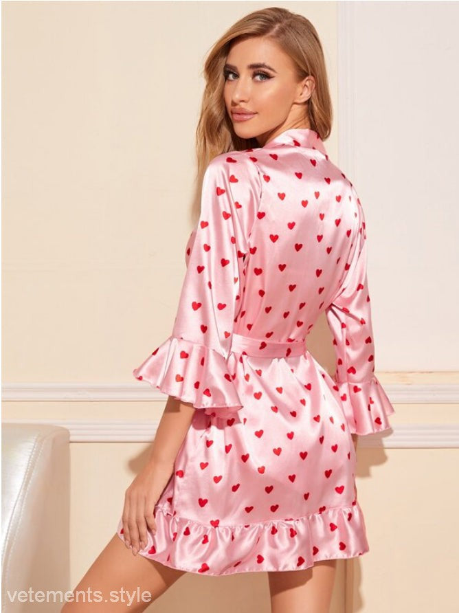 Pink heart-patterned satin robe from SUMMER HOMEWEAR featuring a stylish gown belt