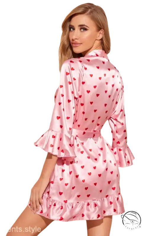 Pink love outerwear satin robe with heart pattern and belt