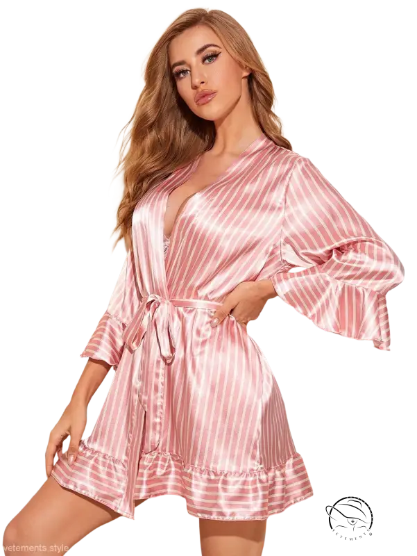 Pink striped satin robe with gown belt for comfy summer homewear