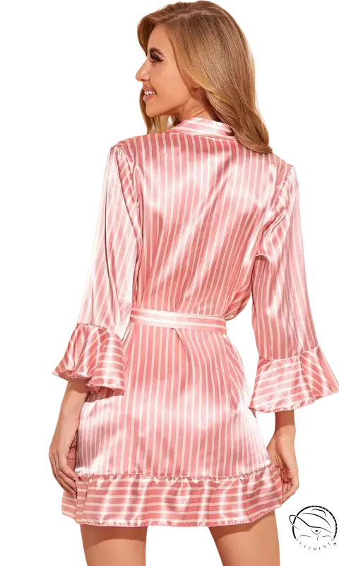 Pink striped satin robe with gown belt for comfy summer homewear