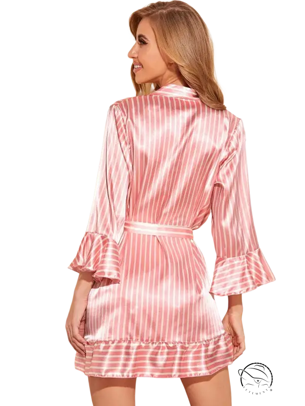 Pink striped satin robe with gown belt for comfy summer homewear