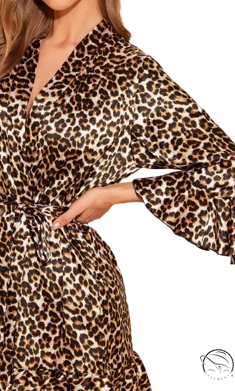 Leopard print satin robe with gown belt in comfy summer homewear