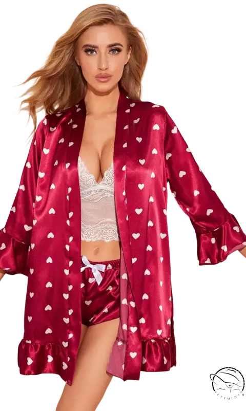 Burgundy heart-patterned satin pajama set in Comfy Summer Homewear