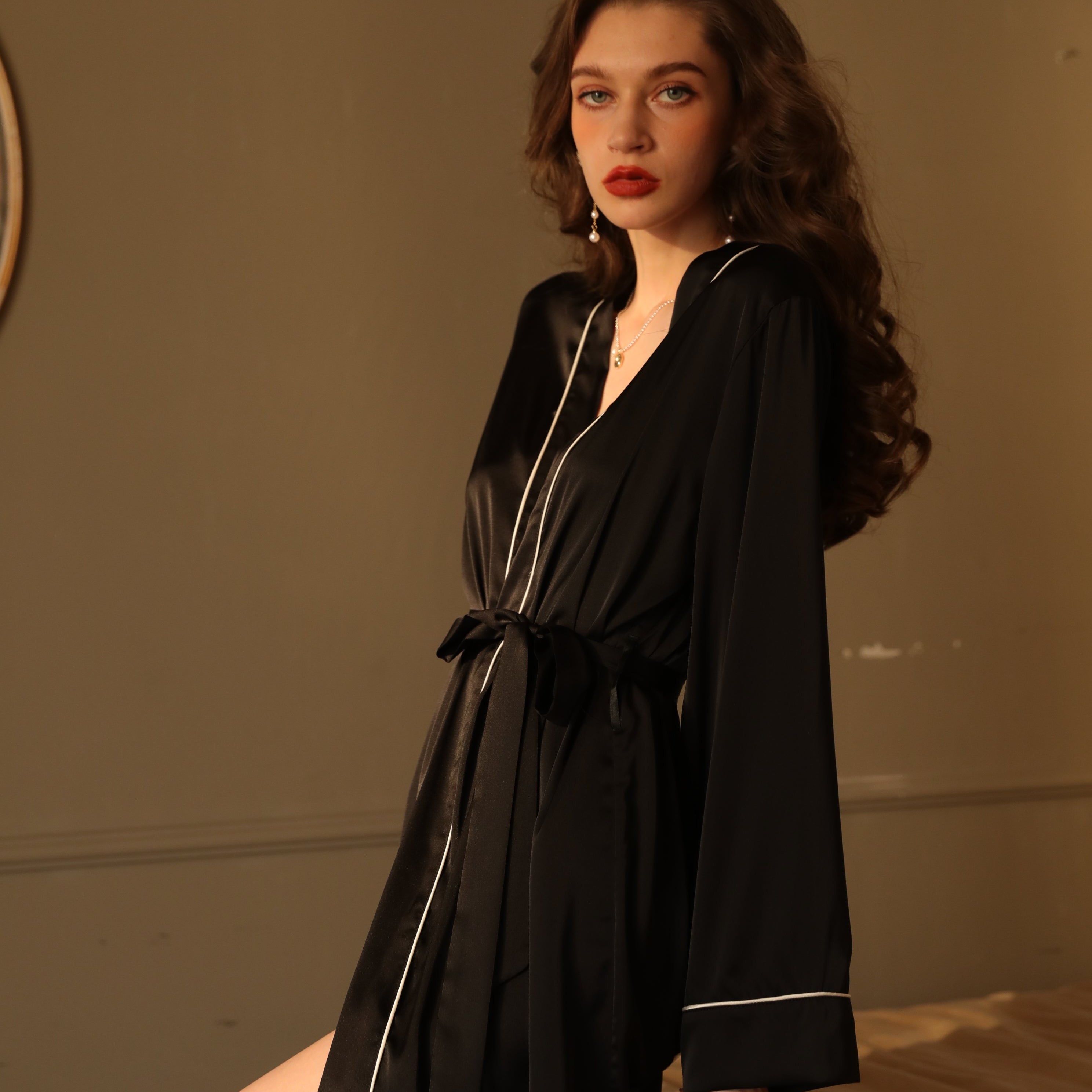 Elegant silk night-robe with white piping and tie waist, ideal as a gray outerwear gown or outerwear gown belt