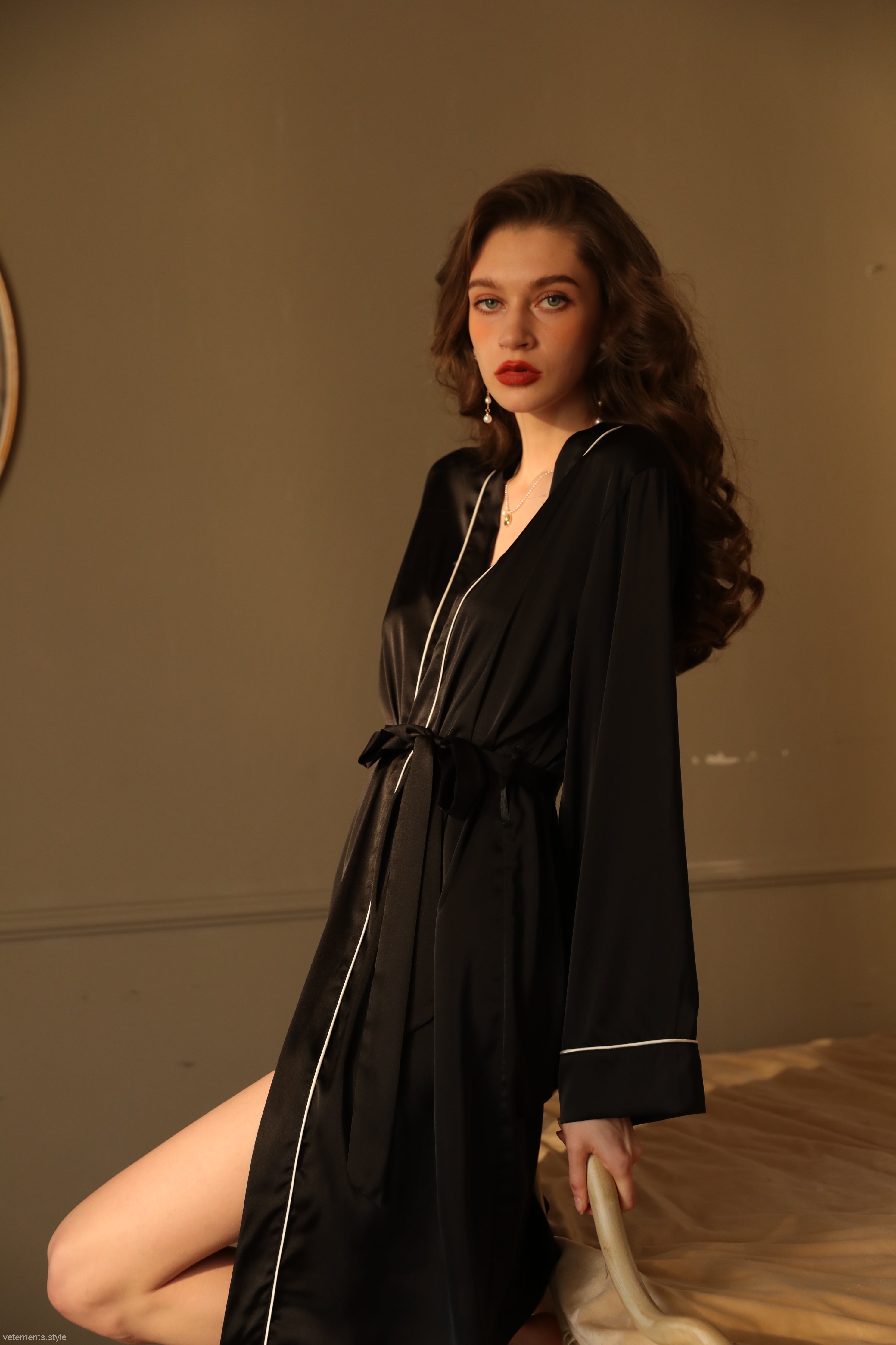 Elegant silk night-robe with white piping and tie waist, ideal as a gray outerwear gown or outerwear gown belt