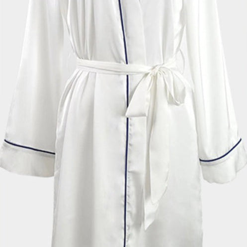 Elegant silk night-robe with white satin and navy piping, perfect gray outerwear gown