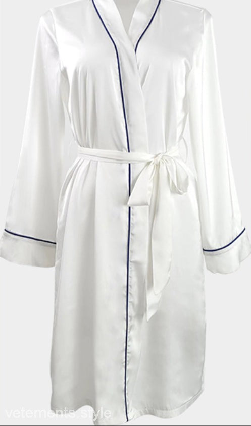 Elegant silk night-robe with white satin and navy piping, perfect gray outerwear gown