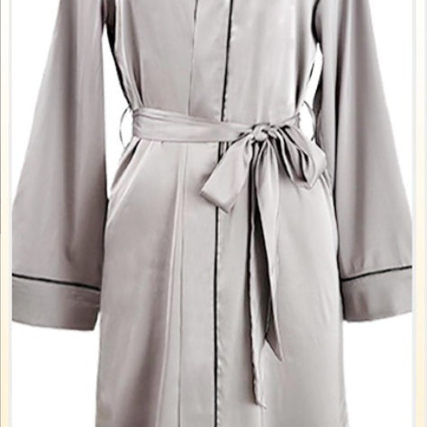 Elegant silk night-robe in light gray satin with black piping and sash belt detail