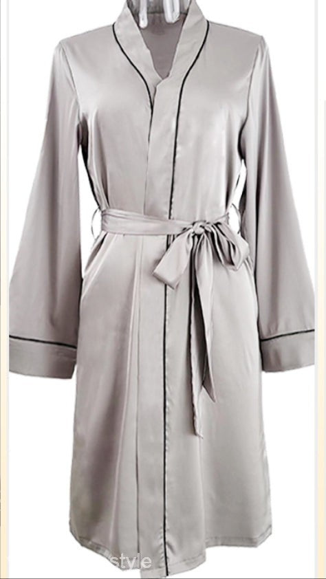 Elegant silk night-robe in light gray satin with black piping and sash belt detail