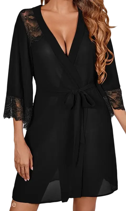 Black lace-trimmed robe in comfy cute mini homewear gown