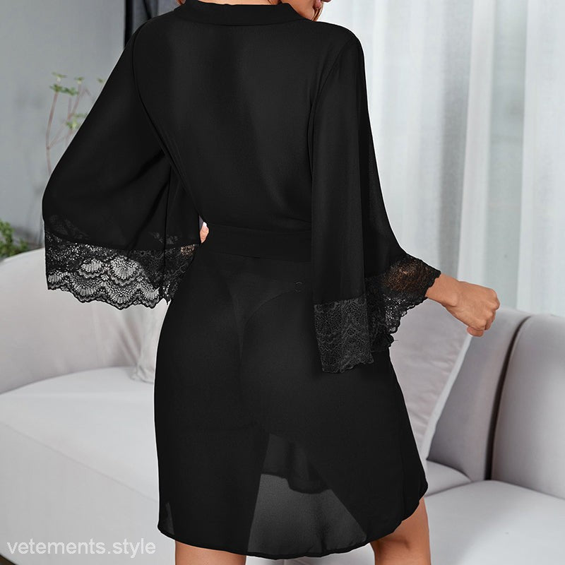 Black lace-trimmed robe from Cute MINI HOMEWEAR featuring an elegant outerwear gown design