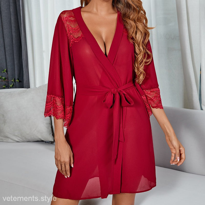 Red sheer robe with lace trim from Cute MINI HOMEWEAR, a stylish outerwear gown