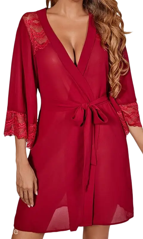 Red sheer robe with lace trim in Comfy Cute Mini Homewear