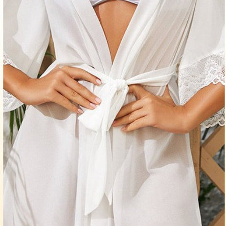 White lace-trimmed robe from Cute MINI HOMEWEAR as elegant outerwear gown with belt