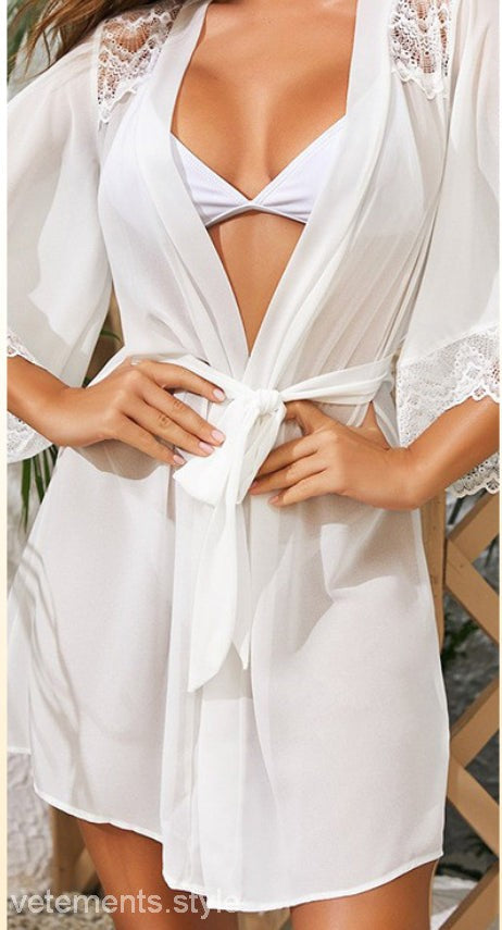 White lace-trimmed robe from Cute MINI HOMEWEAR as elegant outerwear gown with belt